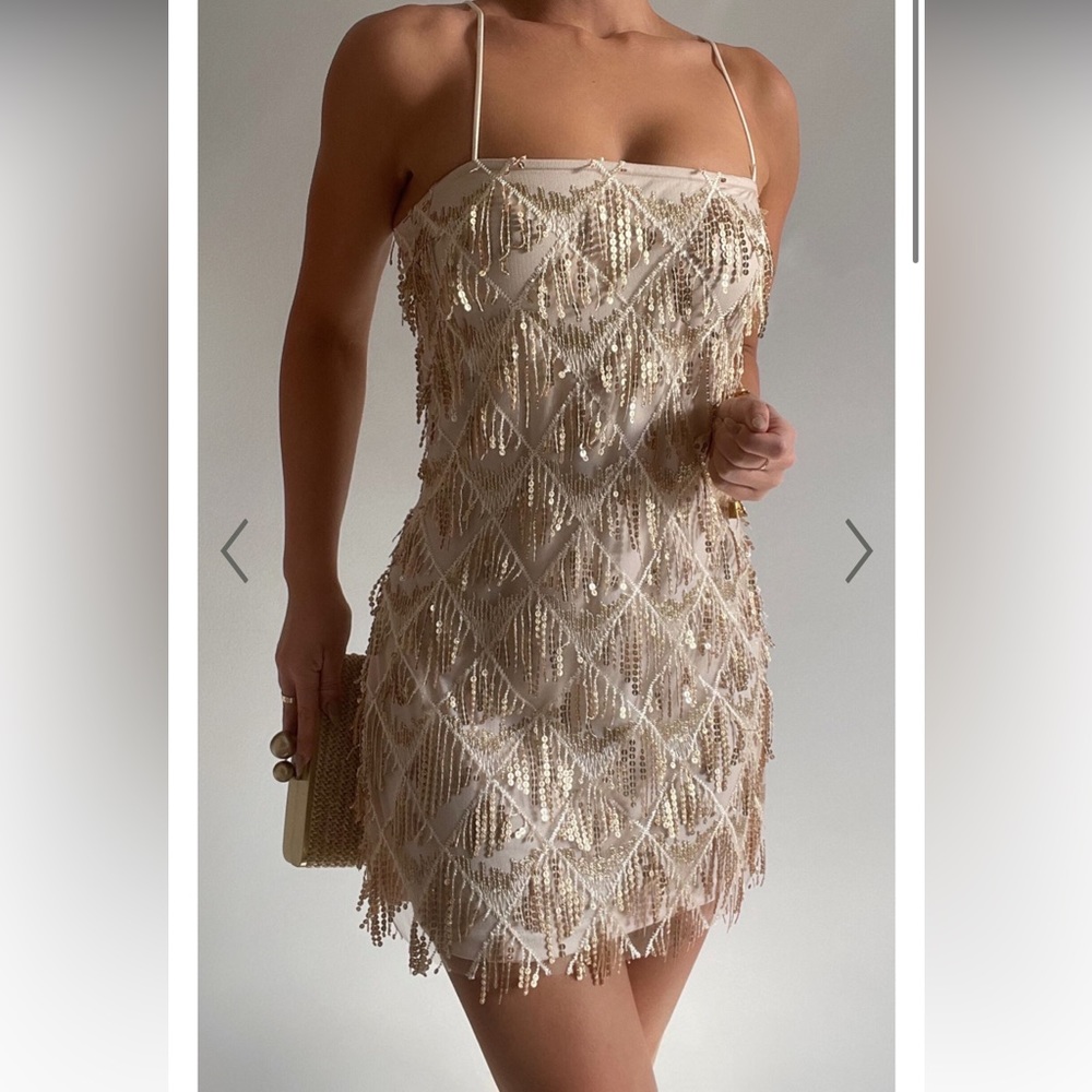 SHOOK MINI DRESS - STRAPLESS FRINGE DRESS IN CHAMPAGNE SEQUIN